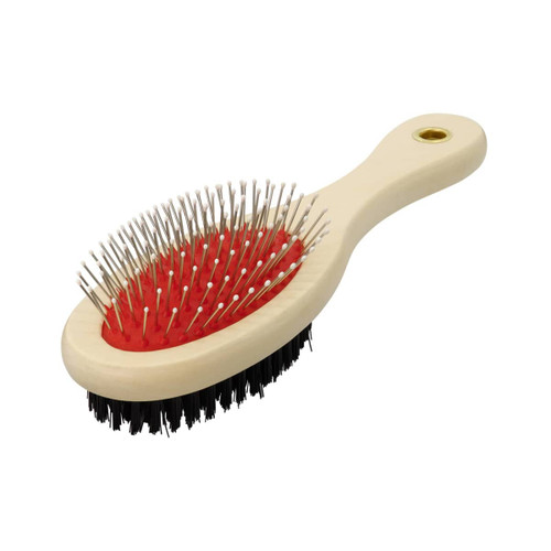 A pet grooming brush with a cream handle, red bristle pad, and black bristles on the opposite side. Features a logo.