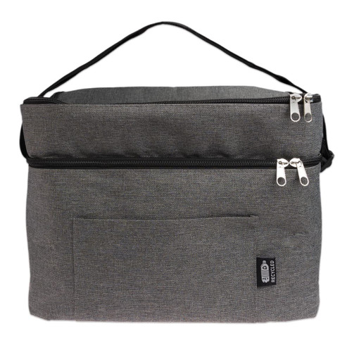 A grey zippered bag with a handle, featuring a front pocket and a logo on the side.