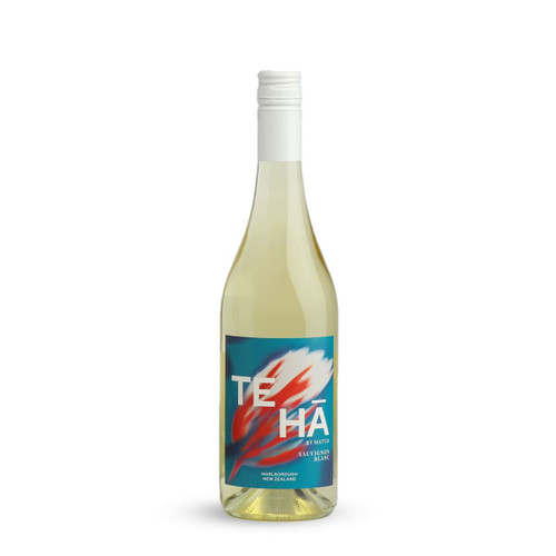 A drink bottle of Sauvignon Blanc with a blue and red label, featuring abstract design elements.