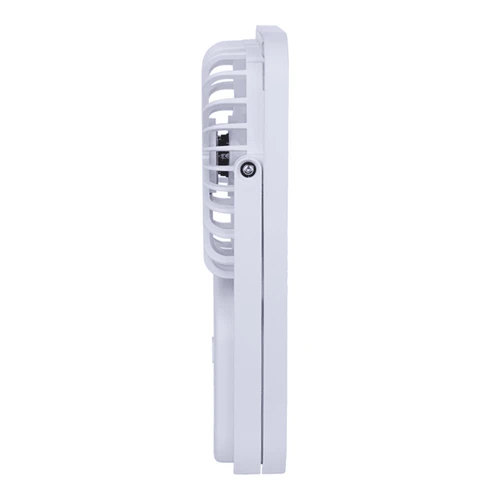 A white rechargeable desktop fan, featuring a sleek design with a protective grille, viewed from the side.