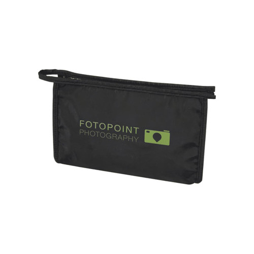 A black toiletry pouch with a zip closure and a logo on the front. Features a small handle for easy carrying.