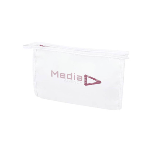 A white toiletry pouch featuring a zip closure and a branding logo in purple.
