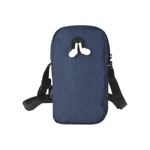 A navy blue recycled phone pouch with a shoulder strap and white earphones visible at the top. It features a logo.