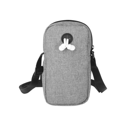 A grey recycled phone pouch with a zip closure and a strap. It features a loop for earphones.