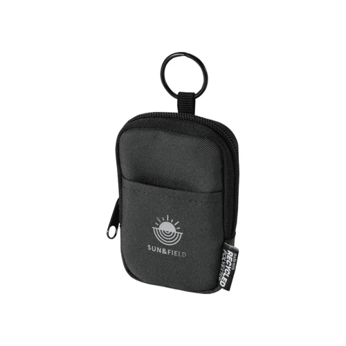 A small black pouch with a zipper and a keyring, featuring a logo and made from recycled materials.