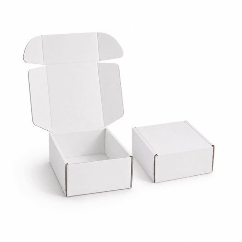 A white custom box with a locking lid, featuring an open and closed version on a plain background.