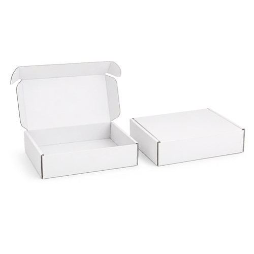 A white custom box with a locking lid, featuring one open and one closed box.