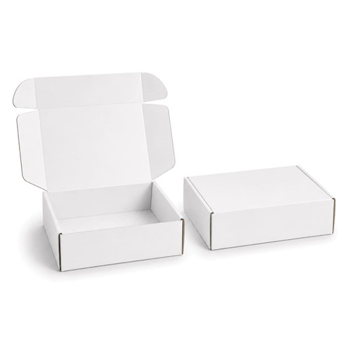 A white custom box with a locking lid, featuring an open and closed version.