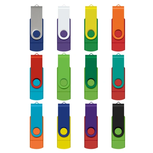 A collection of multicoloured Helix 8GB dual flash drives in various shades, featuring a circular attachment point.