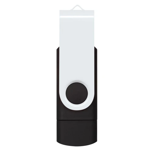 A dual flash drive in black and white, featuring a swivel mechanism and a branding logo.