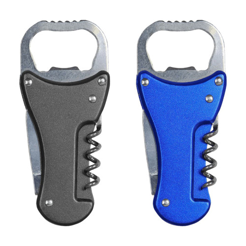 A drink bottle opener multi-tool in black and blue, featuring a corkscrew and a bottle opener design.