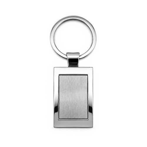 A silver rectangular keytag with a smooth surface and a circular keyring attachment.