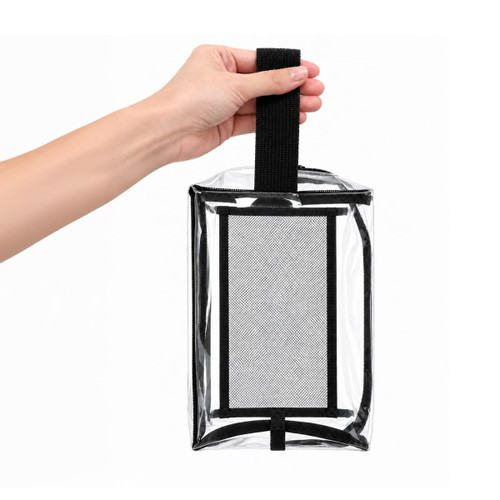 A clear cosmetic bag with a black handle, featuring a mesh compartment and a branded logo.