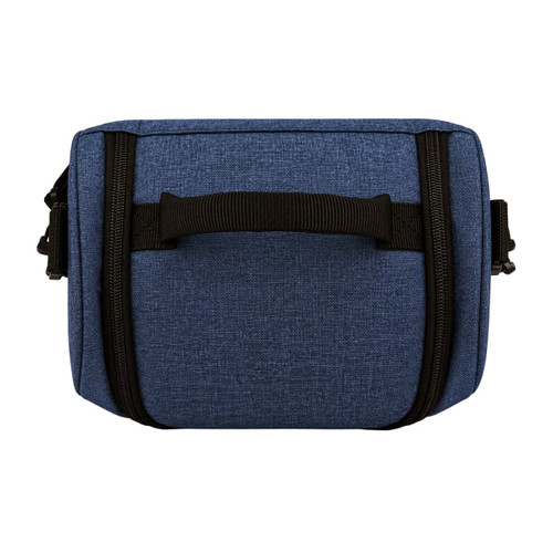 A cooler bag in a blue textured fabric with a black handle and zippers, featuring a logo on the front.