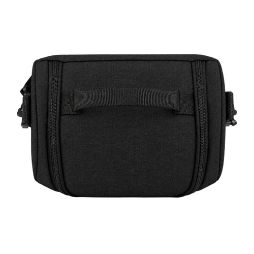 A black cooler bag with a zippered opening and a sturdy handle on top. It features a simple design and a logo.