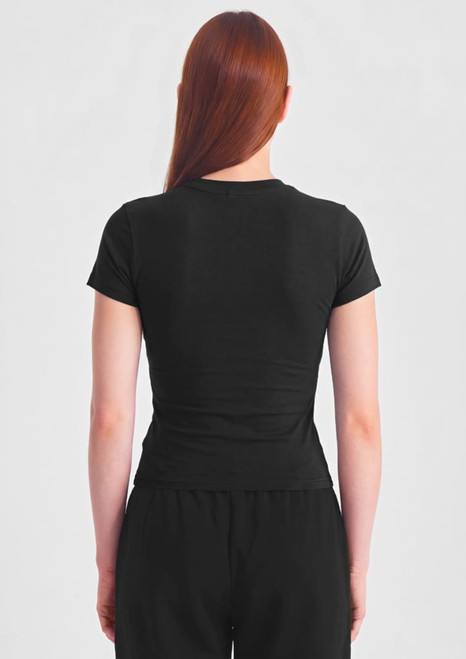 A black women's baby tee viewed from the back, featuring a fitted design and short sleeves.