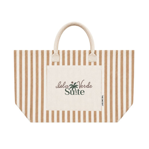 A tan and cream striped tote bag features a front pocket and handles, with a subtle logo displayed.