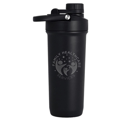 A drink bottle in matte black with a secure screw-on lid and a logo on the side.