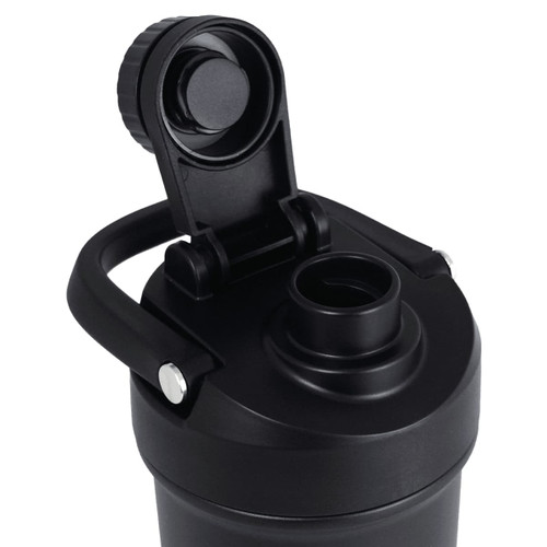 A drink bottle in matte black with a secure lid and carrying handle, featuring a logo on the side.