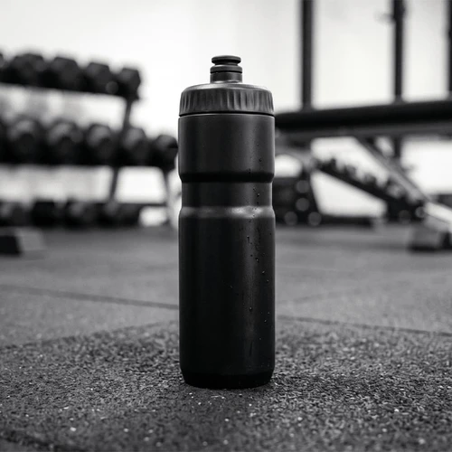 A drink bottle in black, standing upright on a gym floor with weights in the background.