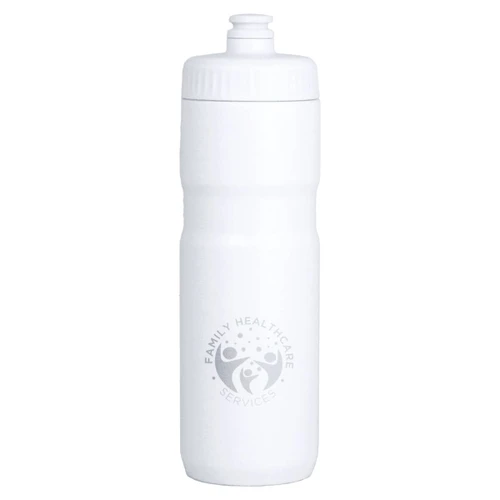 A drink bottle in white with a secure screw cap and a logo printed on the front. Holds 750ml of liquid.