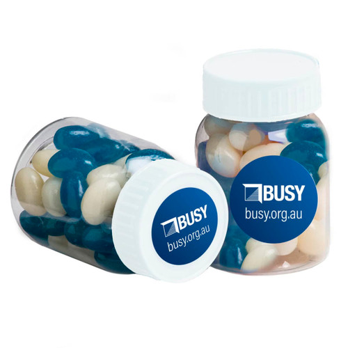A baby jar filled with blue and white mini jelly beans, featuring a label with a logo.