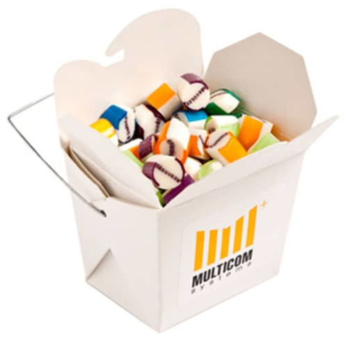 A white cardboard noodle box filled with colourful personalised rock candy, featuring an attached wire handle.