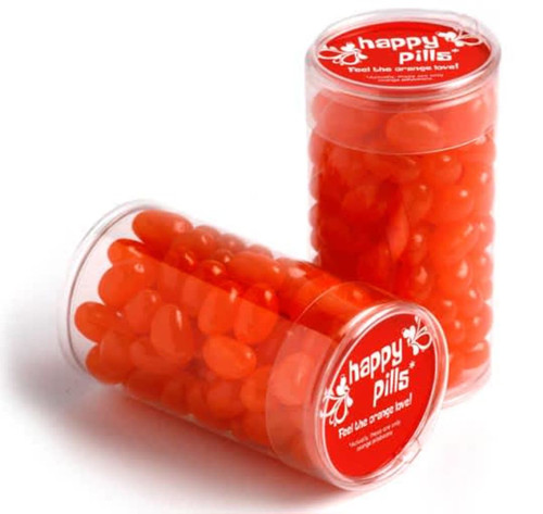 A transparent tube containing orange jelly beans, labelled with a logo and topped with a red lid.