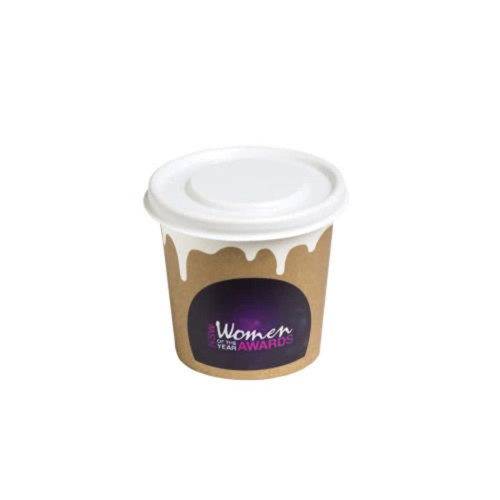A coffee cup with a white lid and a brown cardboard exterior, featuring a branding logo.
