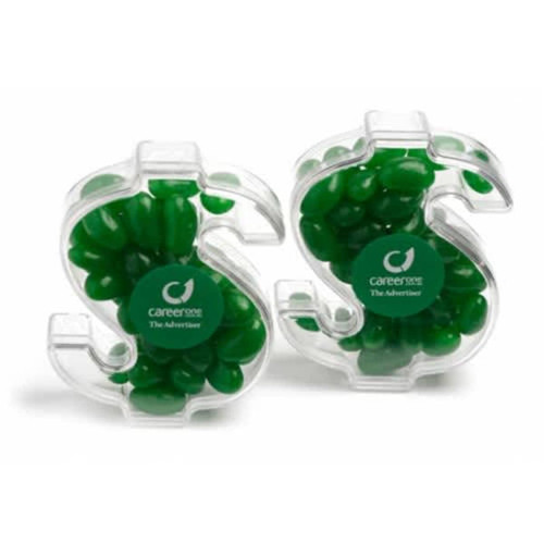 Two clear acrylic dollar symbols filled with green mini jelly beans, featuring a logo on the front.