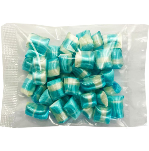A clear bag filled with blue and white striped humbugs, each piece showcasing a vibrant swirl of colours.