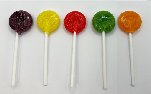 Five small lollipops in purple, yellow, red, green, and orange colours, each with a white stick, featuring branding.