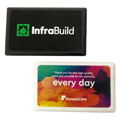 A rectangular mint card in black and white, featuring colourful designs and branding.