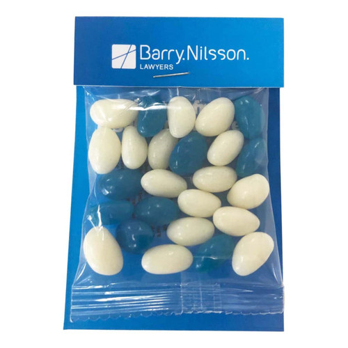 A jelly bean bag containing blue and white jelly beans, packaged with a branded header card.