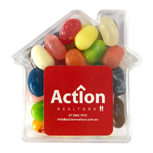 Acrylic house-shaped container filled with colourful jelly beans in various flavours. Features a logo on the base.