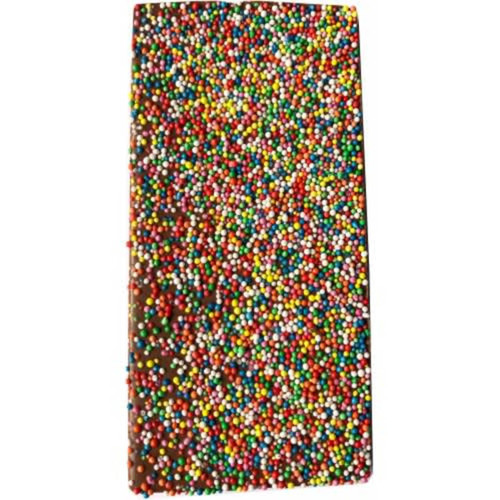 A chocolate bar coated with colourful chocolate sprinkles, featuring a bright mix of red, green, yellow, and blue.