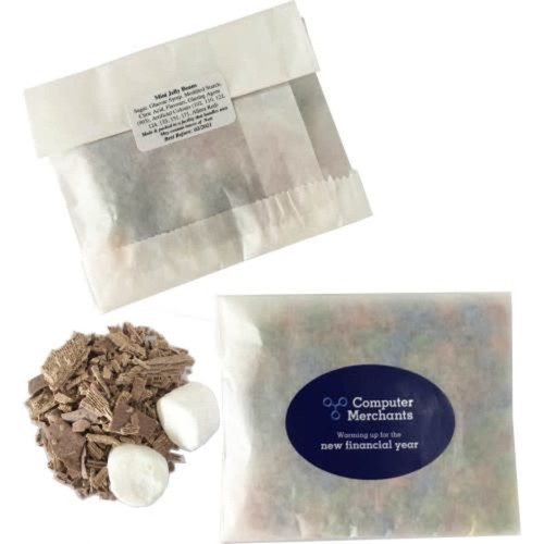 A kraft paper bag containing Lindt hot chocolate flakes and two marshmallows, with a branding logo.