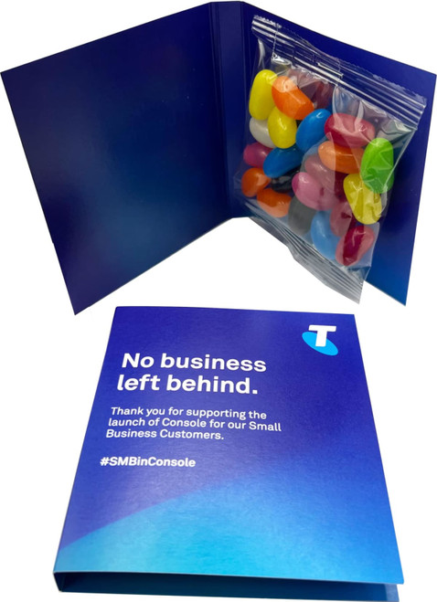A blue promotional card featuring a pack of colourful jelly beans, including pink, yellow, and blue varieties.