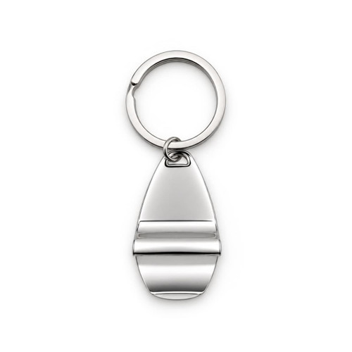 A silver keytag in the shape of a boat, attached to a circular metal keyring.