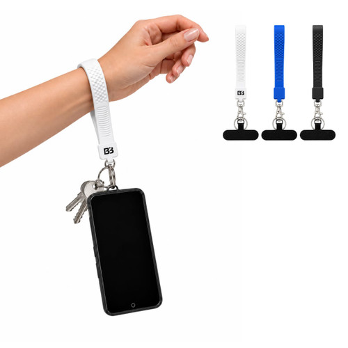 A wristband phone holder keytag in white, blue, black, and grey, featuring a hook and a keychain.