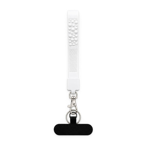 A white wrist strap with tactile design and a metal keyring attachment, featuring a black base section.