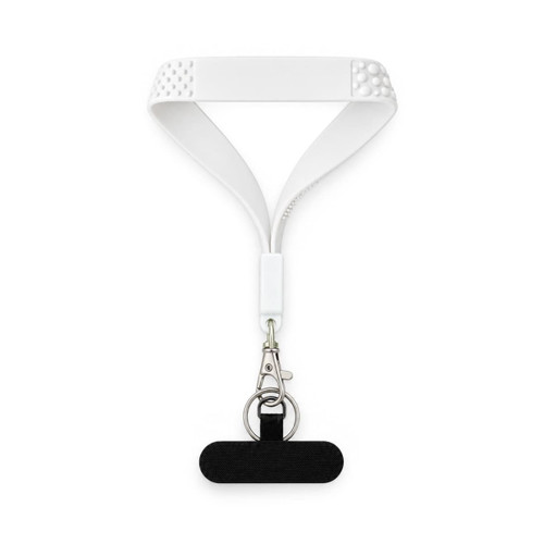 A white wrist strap featuring tactile bumps and a black keytag attachment with a metal clasp.