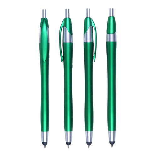 A collection of four green stylus pens with silver accents, featuring a logo on each pen.