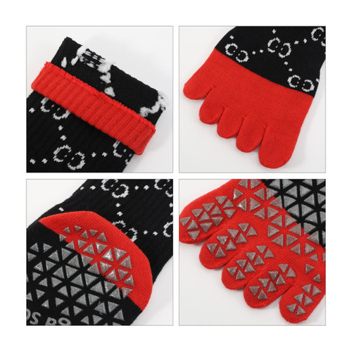 A pair of black and red toe socks with a textured grip pattern on the soles and a woven design on the upper.