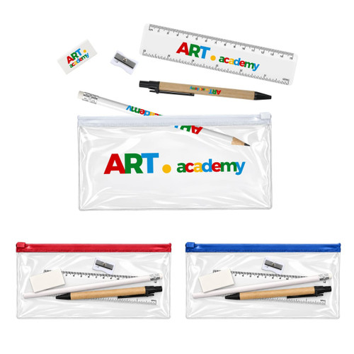 A clear pencil case containing black and wooden pens, a ruler, an eraser, a sharpener, and colour-coded cases in red and blue.
