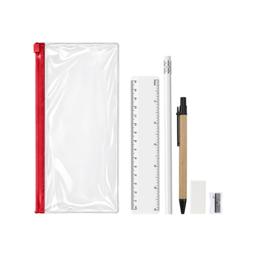 A clear stationery pouch with a red zipper, containing a pencil, black pen, ruler, eraser, and sharpener.
