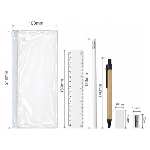 A clear stationery pouch containing a ruler, pencil, and pen, with measurements indicated on the layout.