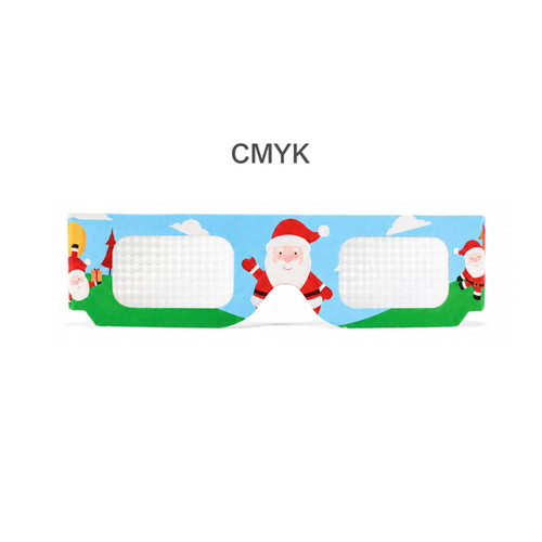 Colourful paper diffraction glasses featuring a festive design with Santa Claus and a landscape. 
