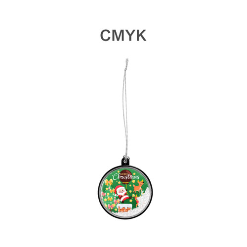 A hanging decorative ball featuring a festive Christmas design with Santa Claus, predominantly green and red colours. It has a logo.