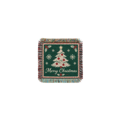 A festive green coaster featuring a Christmas tree, snowflakes, and holly, with fringe edges and a decorative design.